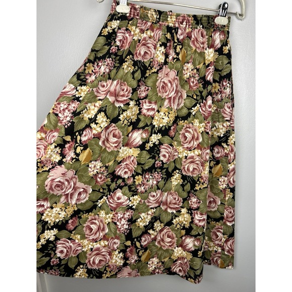 Vintage Connections Rose Floral Pleated Midi Skirt Sz Medium Pink Green Cottage - Picture 2 of 7